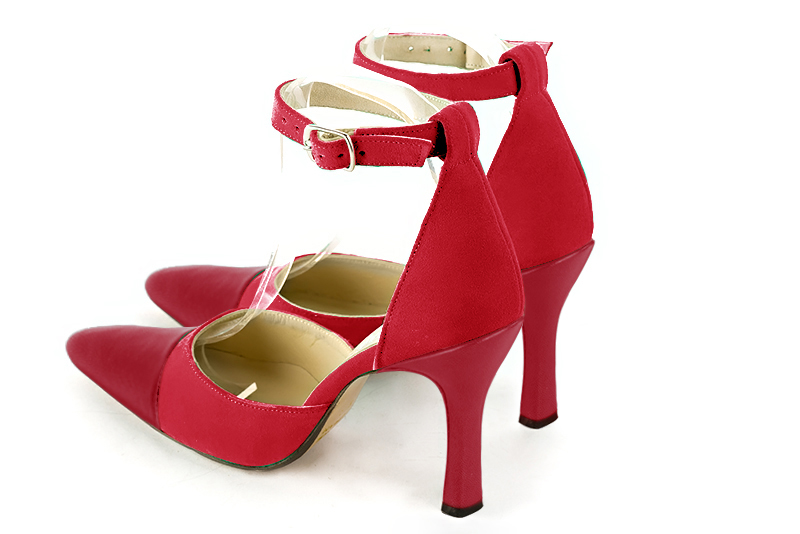 Cardinal red women's open side shoes, with a strap around the ankle. Tapered toe. Very high spool heels. Rear view - Florence KOOIJMAN